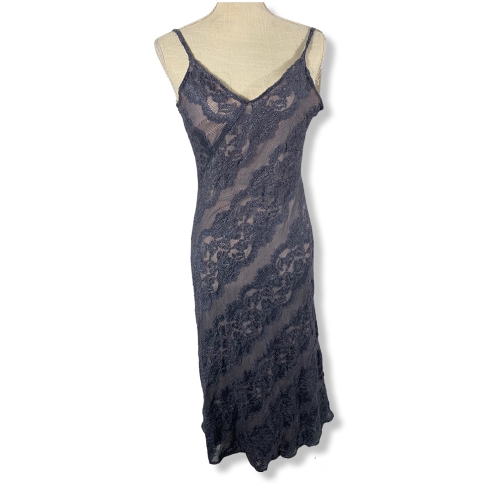 Vintage 90s lace overlay gray long spaghetti strap dress size 10